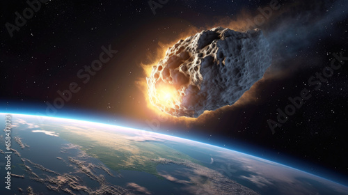 Giant Planet Killer Asteroid Crashing into the Planet Earth and Entering the Earth's Atmosphere. End of the World Event or Doom's Day for Planet Earth view from Outer Space.