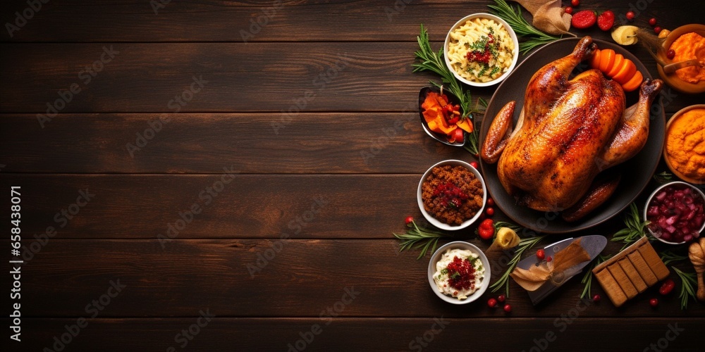 Classic Thanksgiving turkey dinner. Top down view side border on a dark wood background with copy space. Turkey, mashed potatoes, stuffing, pumpkin pie and sides. : Generative AI - obrazy, fototapety, plakaty 