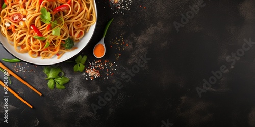 Asian noodle and vegetables. Vegan, vegetarian eating. Healthy food. Top view with copy space, panorama, banner : Generative AI