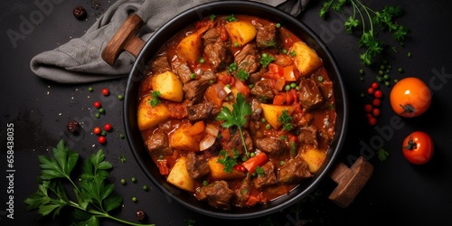 Beef stew with potatoes, carrots in tomato sauce in red pot, top view, gray background, copy space. : Generative AI photo