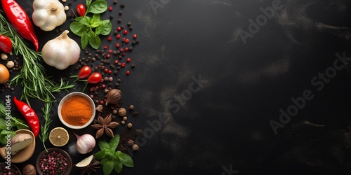 Food cooking background on black stone table. Fresh vegetables, herbs and spices. Top view with copy space. : Generative AI