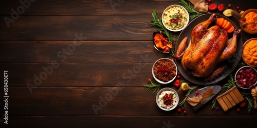 Classic Thanksgiving turkey dinner. Top down view side border on a dark wood background with copy space. Turkey, mashed potatoes, stuffing, pumpkin pie and sides. : Generative AI photo