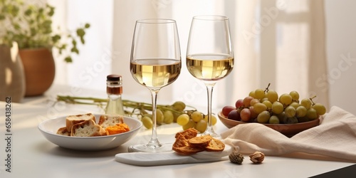 Two wineglasses of vintage chardonnay with delicious appetizers. Couple of glasses of white wine, italian breadsticks, figs and grapes. Interior background. Close up, copy space. : Generative AI