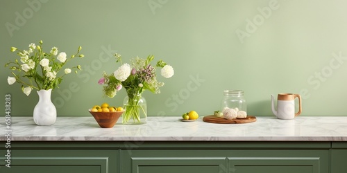 Clean and empty marble countertop, green vintage kitchen furniture with lots of flowers and bowl of strawberries, pair of white hanging pendant lights, various crockery in blurred back : Generative AI