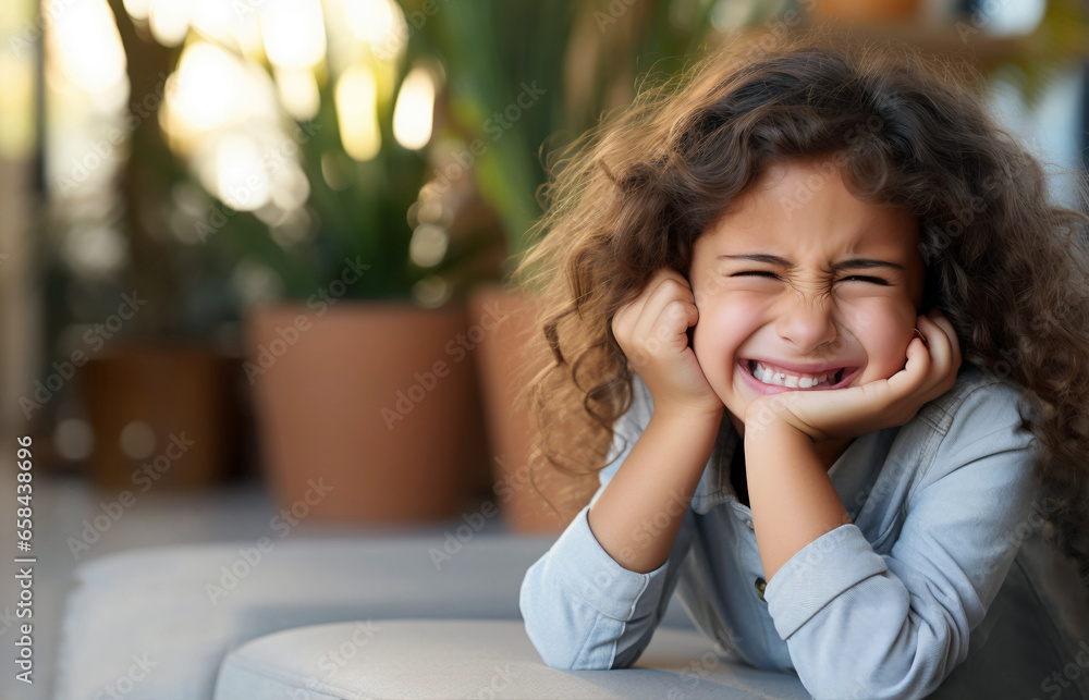 Little girl with curly hair looking suffering from toothache. Little girl holding her face in pain. Sick child needing medical attention. Diffuse background with copy space and potted plants. Little girl with curly hair looking suffering from toothache. Little girl holding her face in pain. Sick child needing medical attention. Diffuse background with copy space and potted plants.