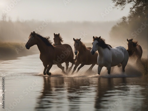 Wild herd of horses running in the cold and misty weather in the river © abu