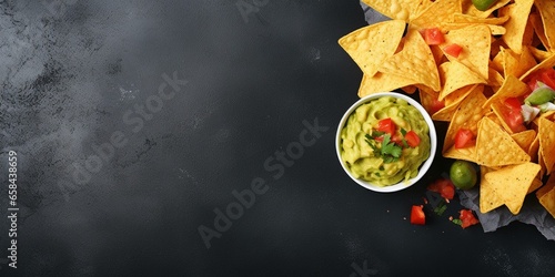 Nachos with guacamole on a gray concrete background. Mexican food. Top view, flat lay, copy space. : Generative AI