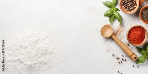Homemade pizza background with wooden rolling pin  flour and basil leaves on grey kitchen table at white wall background. Cooking Italian food at home. Front view with copy space.   Generative AI