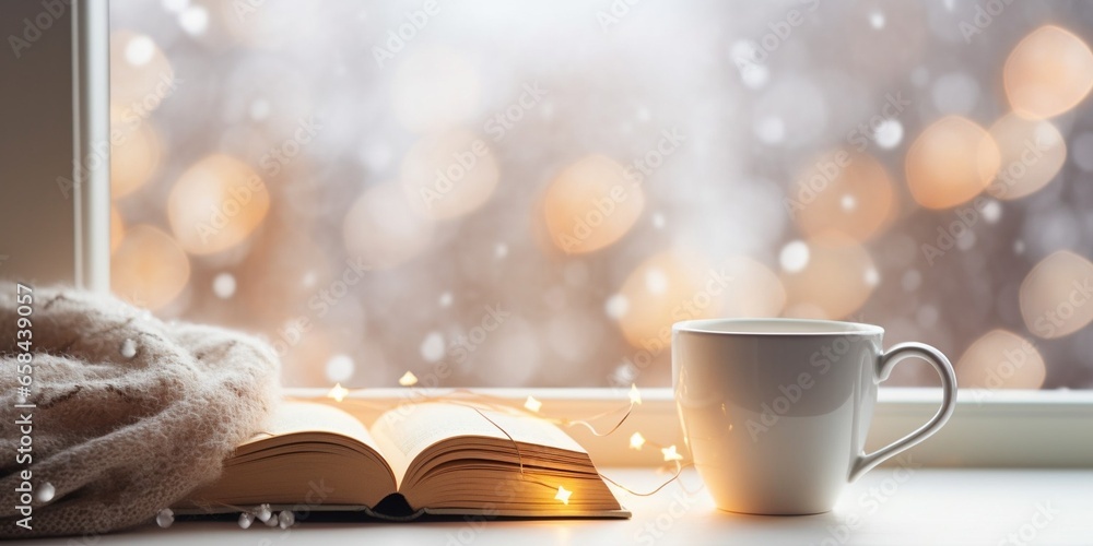 Coffee cup, books, sparkle fairy lights on window sill on blurred background. Christmas season. Concept warm and cozy home, reading books, winter holidays, hygge, evening rest and comf : Generative AI - obrazy, fototapety, plakaty 