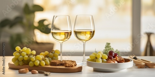 Two wineglasses of vintage chardonnay with delicious appetizers. Couple of glasses of white wine, italian breadsticks, figs and grapes. Interior background. Close up, copy space. : Generative AI photo