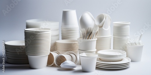 A set of disposable tableware close-up on a white background. Isolated : Generative AI