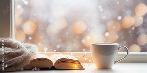 Coffee cup, books, sparkle fairy lights on window sill on blurred background. Christmas season. Concept warm and cozy home, reading books, winter holidays, hygge, evening rest and comf : Generative AI photo