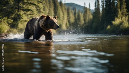 A wild and large bear fishing in a river in the wilderness