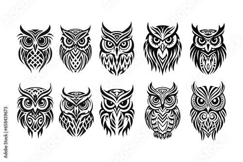 A collection of owl tattoo vector tribal illustrations