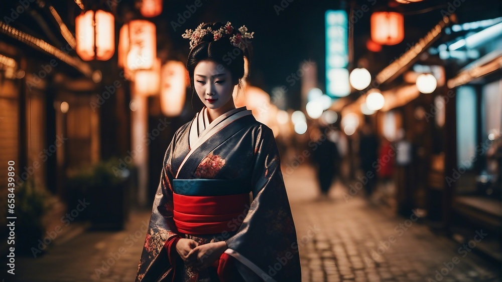 Portrait of a geisha adorned in traditional attire Portrait of a geisha adorned in traditional attire