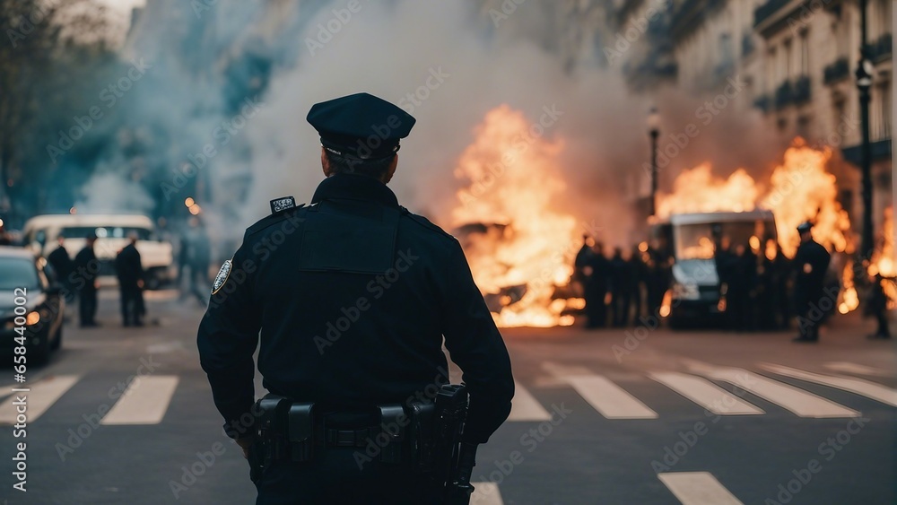 Police force intervening in front of the flames and smoke during the protests.