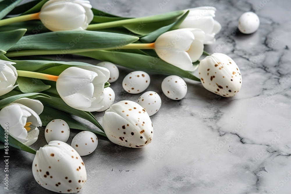 Easter eggs and white tulips.