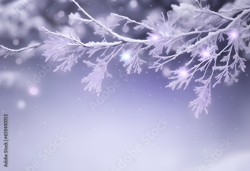 Branches with snow, illuminations, blurred winter background, and light particles. Generative AI © AlbertBS