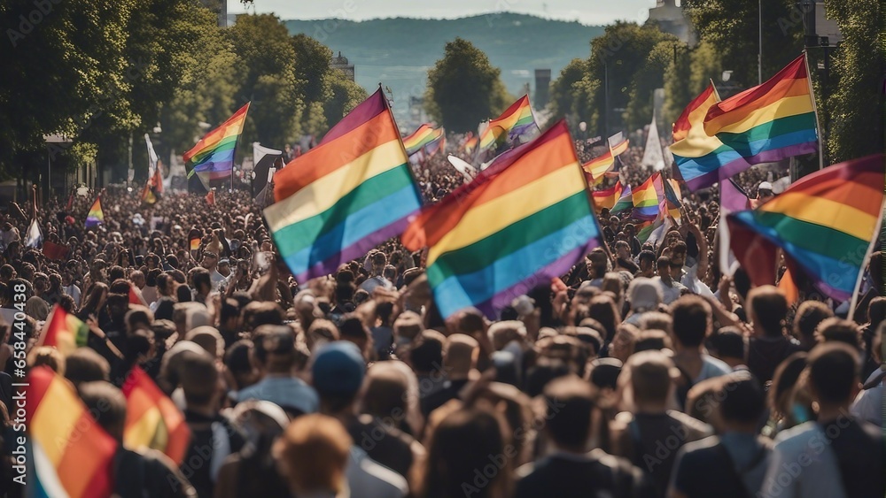Among the streets, hundreds of people march with LGBTQ flags in the pride parade. - obrazy, fototapety, plakaty 