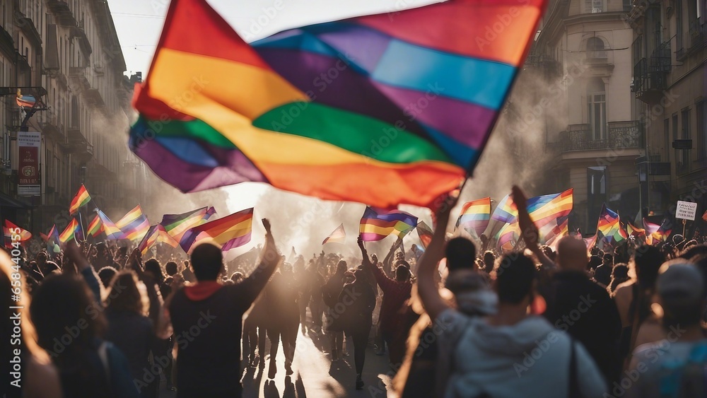 Among the streets, hundreds of people march with LGBTQ flags in the pride parade. - obrazy, fototapety, plakaty 