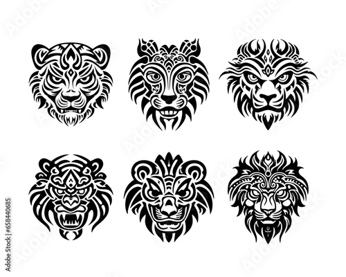 A collection of tribal lion tattoo vector illustrations