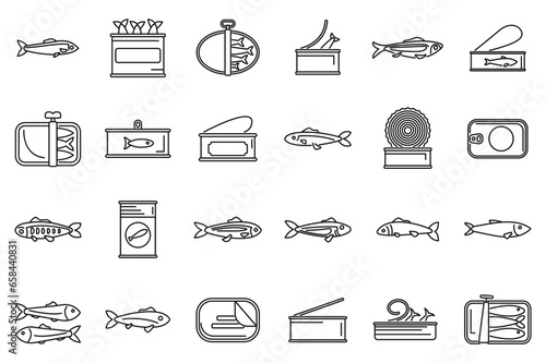 Sardine icons set outline vector. Fish oil. Can snack tin sea