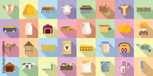 Breeding cows icons set flat vector. Cattle milk. Eat dairy animal