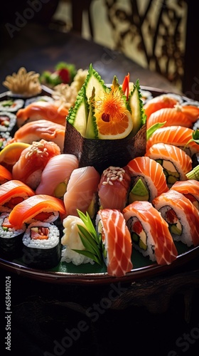 Overhead japanese sushi food. rolls with tuna, salmon, shrimp. Top view of assorted sushi
