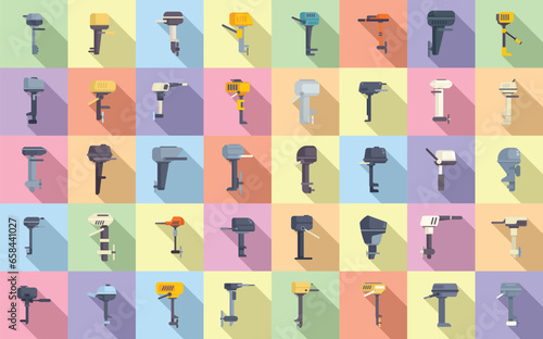 Outboard motor icons set flat vector. Engine boat. Cruise marine