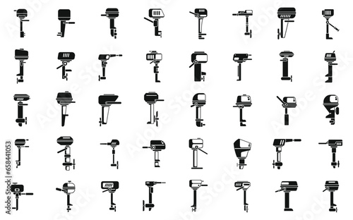 Outboard motor icons set simple vector. Engine boat. Cruise marine photo