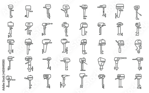 Outboard motor icons set outline vector. Engine boat. Cruise marine