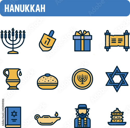 Hanukkah icons. Festival of Lights vector set. Color icon design. Festival of Lamps. Jewish holiday