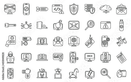Cyber crime icons set outline vector. Crime bank. Scam email