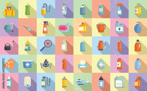 Disinfectant icons set flat vector. Clean spray. Safety cleaning