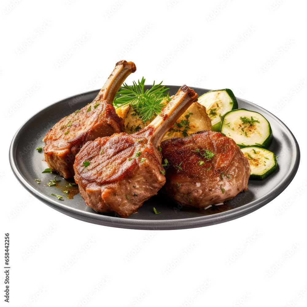 delicious Lamb tikkas on a plate, isolated background