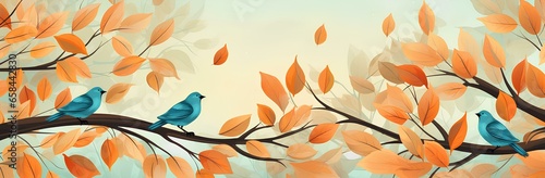 autumn leaves, bird in blue and orange, in the style of vintage poster design, colorful cartoon, cute cartoonish designs, green and beige, vibrant stage backdrops. generative AI © yj