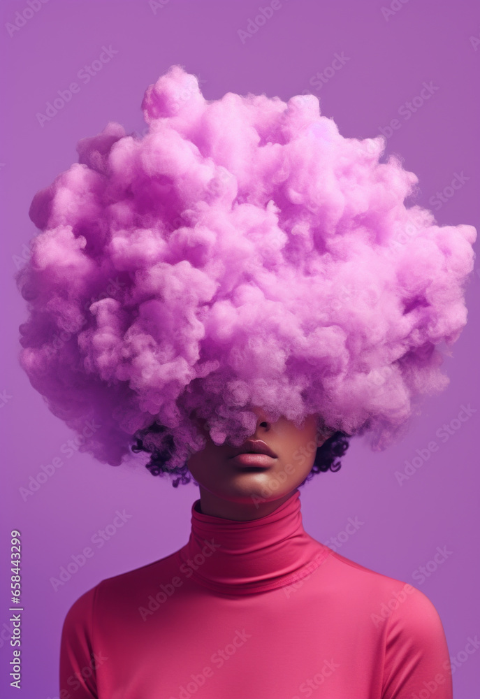 Woman with pastel pink and purple cloud over her head.