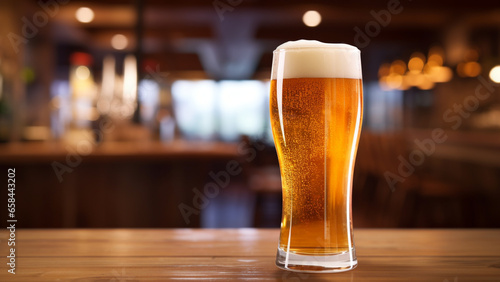 glass of beer on wooden table with blur pub background