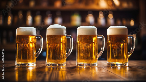 mugs of beer on wooden table with blur pub background