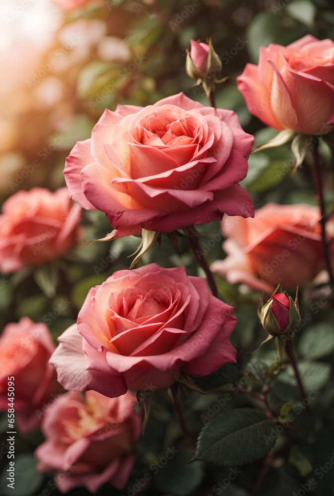 Blooming sweet roses with sunlight background.