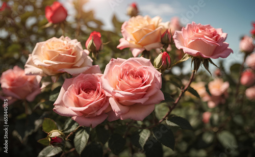 Blooming sweet roses with sunlight background.