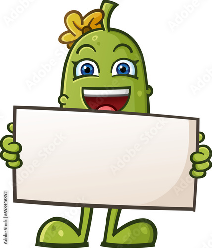 Adorable cute pickle cartoon character with a yellow flower bow holding a large blank advertisement sign in front of her body