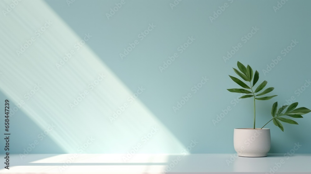 A simple abstract light blue background for product presentations with complex lights and shadows from windows and plants on the walls. A simple abstract light blue background for product presentations with complex lights and shadows from windows and plants on the walls.