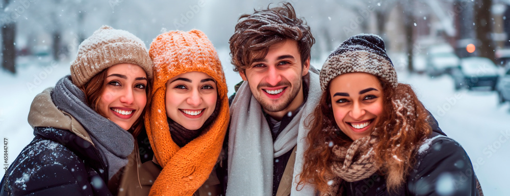 Portrait of four happy friends enjoying winter holidays under the snow in mountaineering landscape