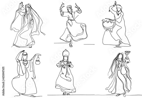 One-Line Drawing of Gnawa Dancers: African Spirit and Vibes in Minimalist Art, vector photo