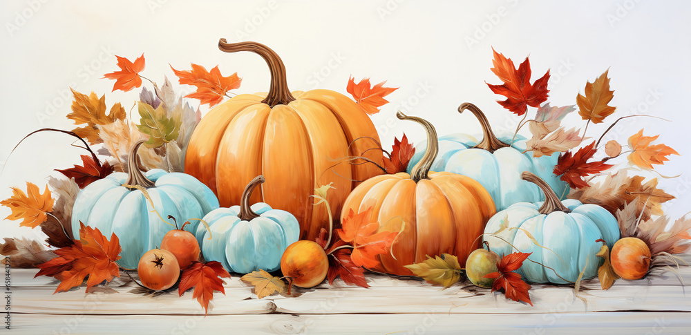 colorful leaves, pumpkins and orange flowers on a wooden board, in the style of maroon, white background
