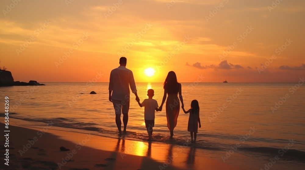 Happy family traveling in seaside and flower garden during summer vacation.