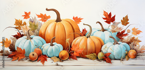 Obraz na płótnie colorful leaves, pumpkins and orange flowers on a wooden board, in the style of maroon, white background w salonie