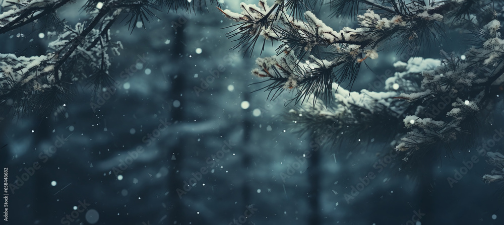 snow covered for wood branches with snow falling across - obrazy, fototapety, plakaty 