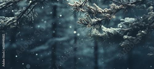 snow covered for wood branches with snow falling across © Kordiush